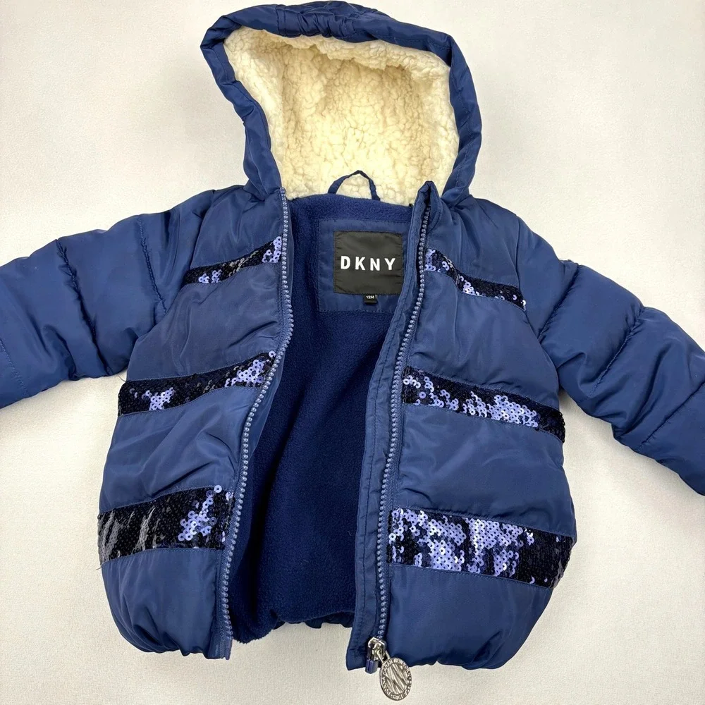 DKNY Puffer Jacket Baby Girls 12M Navy Blue Sequin Stripe Hooded Winter Coat